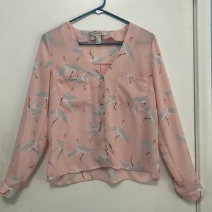 Chiffon Long Sleeve Pelican V Neck Button Down